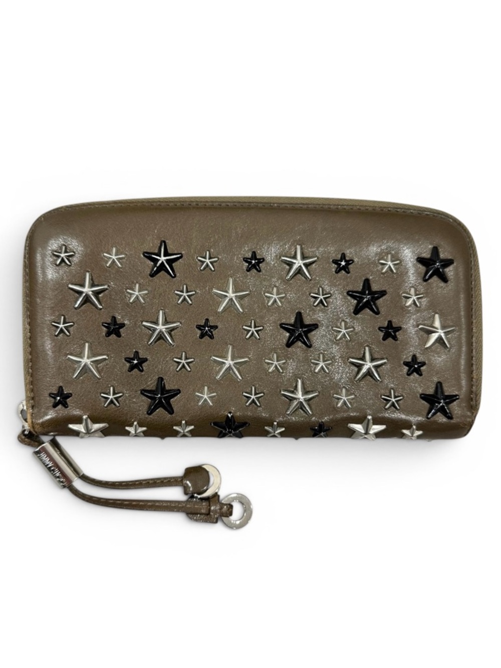 Jimmy Choo Olive Leather Black & Silver Star Studded Zippy Wallet
